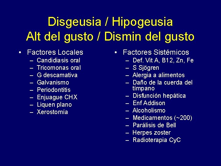 Disgeusia / Hipogeusia Alt del gusto / Dismin del gusto • Factores Locales –