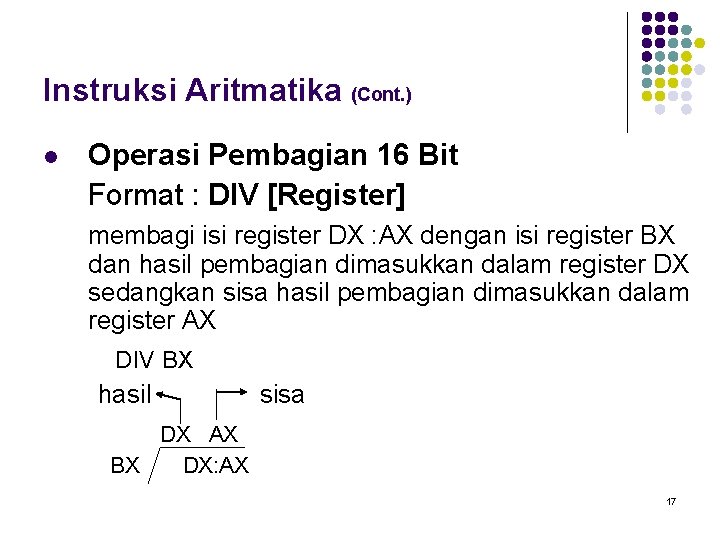 Instruksi Aritmatika (Cont. ) l Operasi Pembagian 16 Bit Format : DIV [Register] membagi