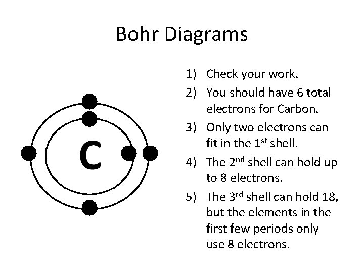 Bohr Diagrams 1) Check your work. 2) You should have 6 total electrons for