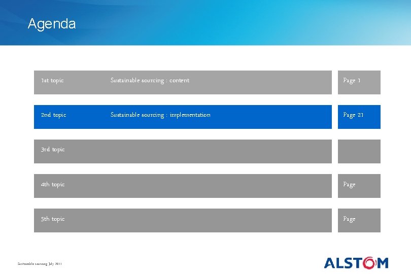 Agenda 1 st topic Sustainable sourcing : content Page 1 2 nd topic Sustainable