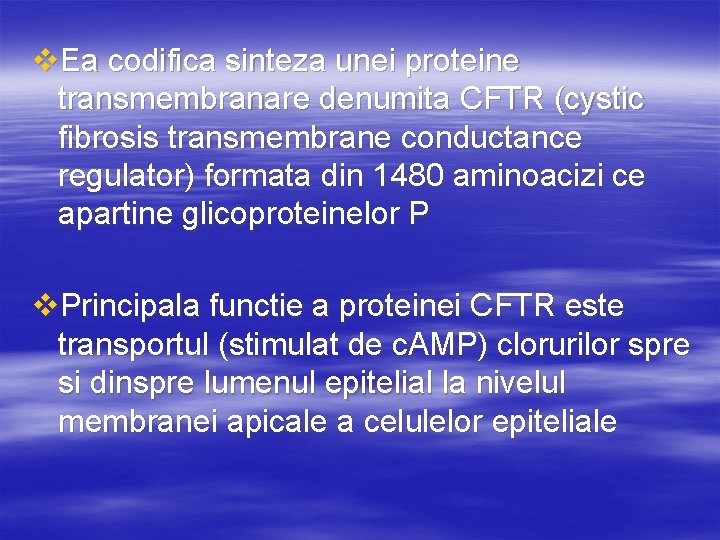 v. Ea codifica sinteza unei proteine transmembranare denumita CFTR (cystic fibrosis transmembrane conductance regulator)