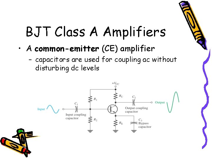 BJT Class A Amplifiers • A common-emitter (CE) amplifier – capacitors are used for BJT Class A Amplifiers • A common-emitter (CE) amplifier – capacitors are used for