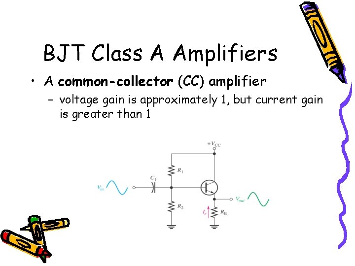 BJT Class A Amplifiers • A common-collector (CC) amplifier – voltage gain is approximately BJT Class A Amplifiers • A common-collector (CC) amplifier – voltage gain is approximately