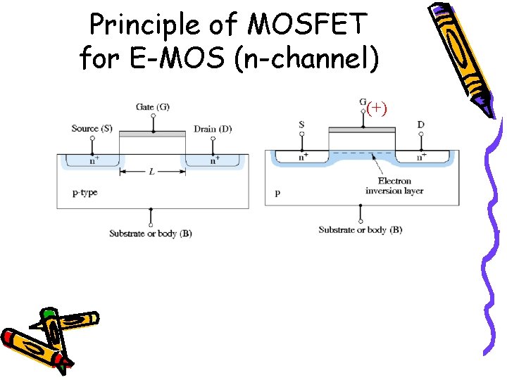 Principle of MOSFET for E-MOS (n-channel) (+) Principle of MOSFET for E-MOS (n-channel) (+)