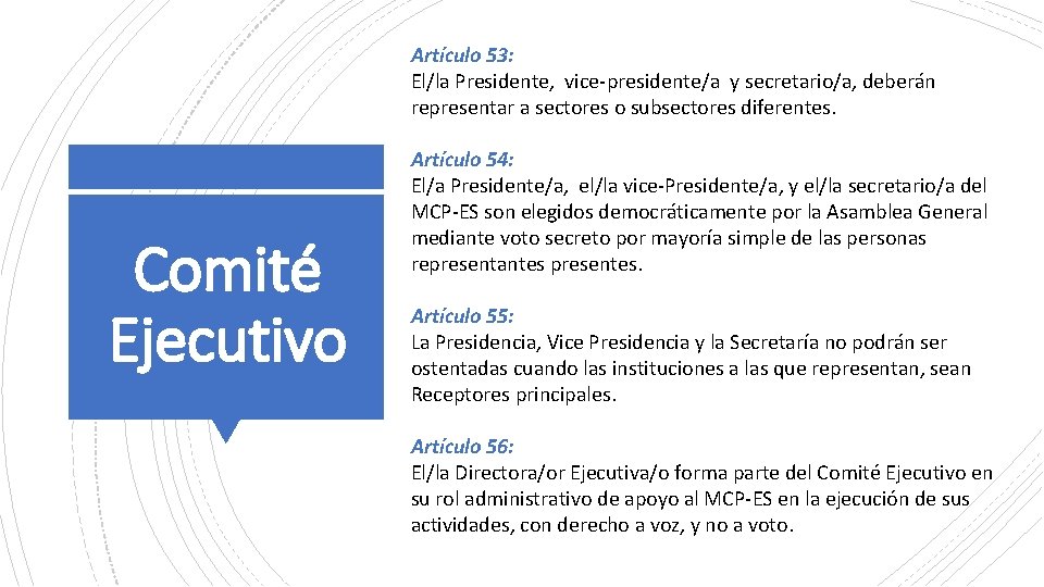 Comité Ejecutivo Artículo 53: El/la Presidente, vice-presidente/a y secretario/a, deberán representar a sectores o