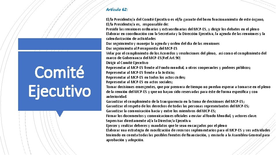 Artículo 62: Comité Ejecutivo El/la Presidente/a del Comité Ejecutivo es el/la garante del buen