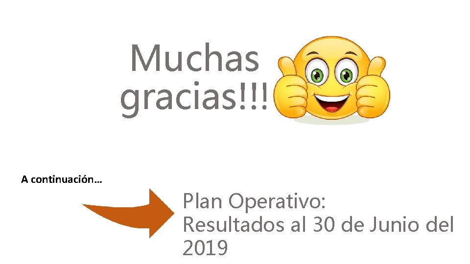 Muchas gracias!!! A continuación… Plan Operativo: Resultados al 30 de Junio del 2019 