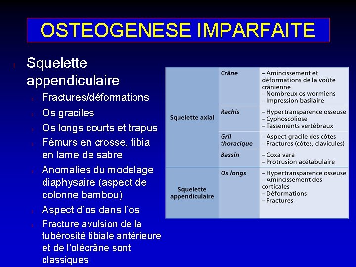 OSTEOGENESE IMPARFAITE l Squelette appendiculaire l l l l Fractures/déformations Os graciles Os longs