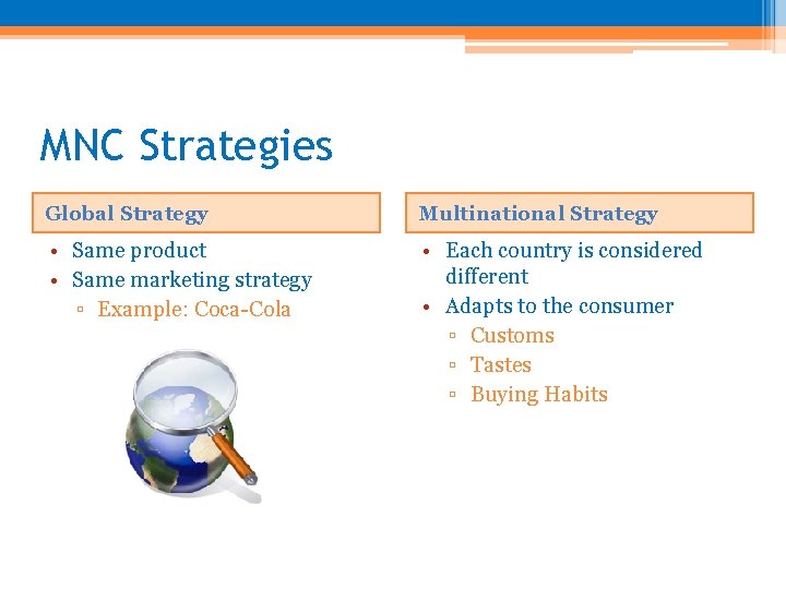 MNC Strategies Global Strategy Multinational Strategy • Same product • Same marketing strategy ▫