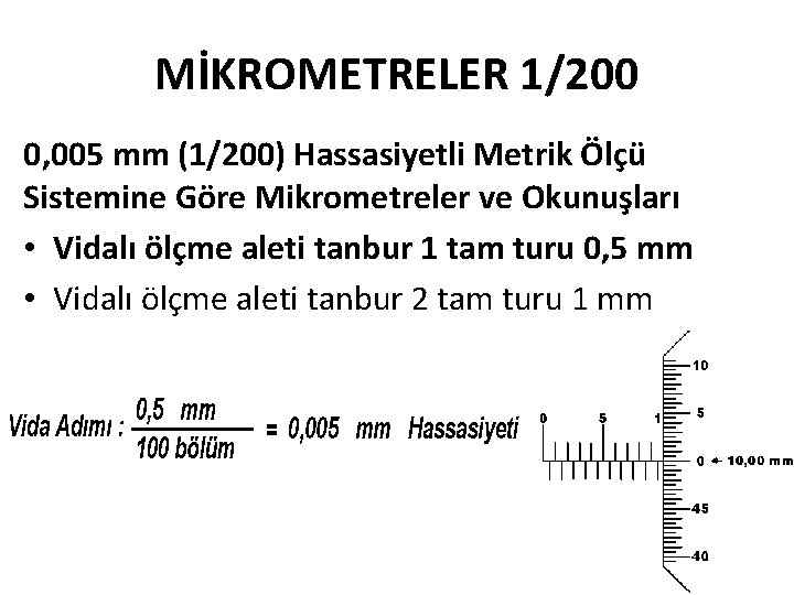 MİKROMETRELER 1/200 0, 005 mm (1/200) Hassasiyetli Metrik Ölçü Sistemine Göre Mikrometreler ve Okunuşları
