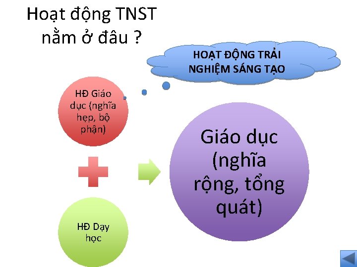 Hoạt động TNST nằm ở đâu ? HĐ Giáo dục (nghĩa hẹp, bộ phận)