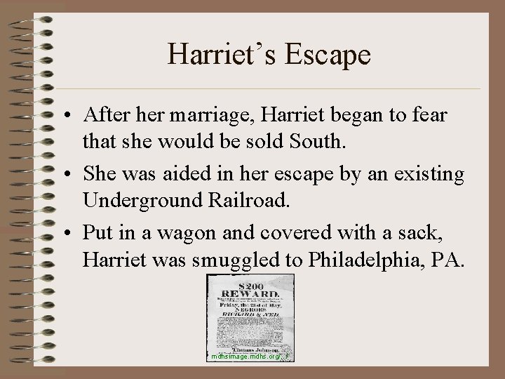 Harriet’s Escape • After her marriage, Harriet began to fear that she would be