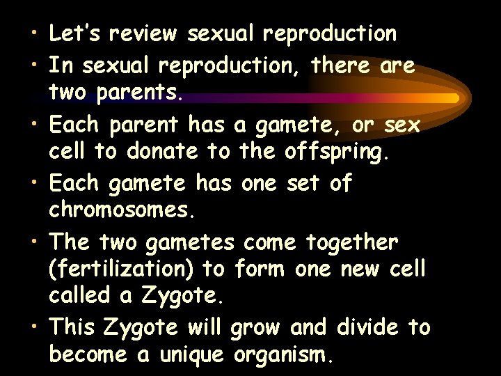 • Let’s review sexual reproduction • In sexual reproduction, there are two parents.