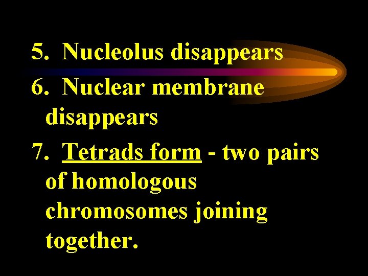 5. Nucleolus disappears 6. Nuclear membrane disappears 7. Tetrads form - two pairs of