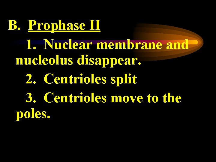 B. Prophase II 1. Nuclear membrane and nucleolus disappear. 2. Centrioles split 3. Centrioles