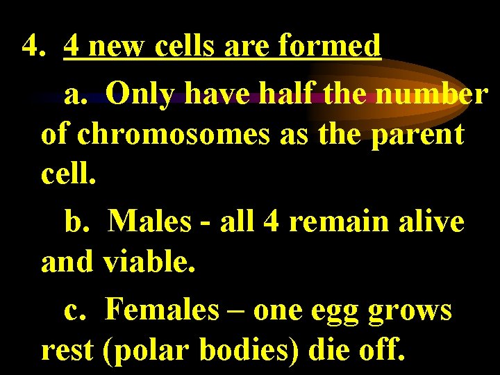 4. 4 new cells are formed a. Only have half the number of chromosomes