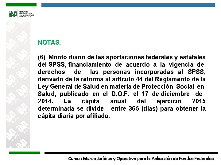 NOTAS. (6) Monto diario de las aportaciones federales y estatales del SPSS, financiamiento de