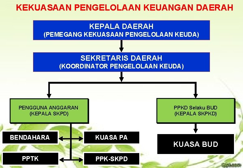 KEKUASAAN PENGELOLAAN KEUANGAN DAERAH KEPALA DAERAH (PEMEGANG KEKUASAAN PENGELOLAAN KEUDA) SEKRETARIS DAERAH (KOORDINATOR PENGELOLAAN