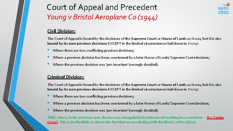 Court of Appeal and Precedent Young v Bristol Aeroplane Co (1944) Civil Division: The