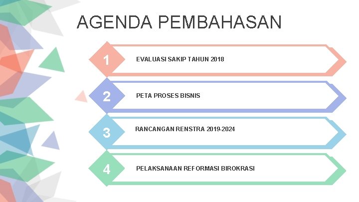 AGENDA PEMBAHASAN 1 EVALUASI SAKIP TAHUN 2018 2 PETA PROSES BISNIS 3 4 RANCANGAN