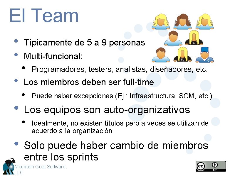 El Team • • • Típicamente de 5 a 9 personas Multi-funcional: • Programadores,