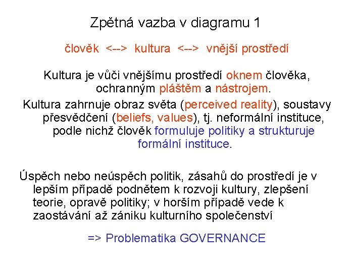 Zpětná vazba v diagramu 1 člověk <--> kultura <--> vnější prostředí Kultura je vůči