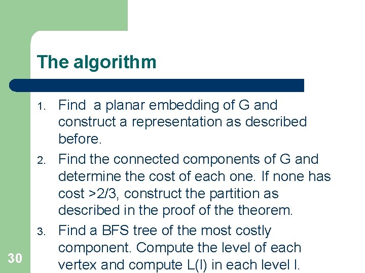 The algorithm 1. 2. 30 Find a planar embedding of G and construct a