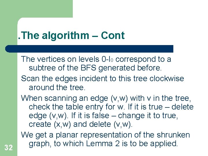 . The algorithm – Cont 32 The vertices on levels 0 -l 0 correspond