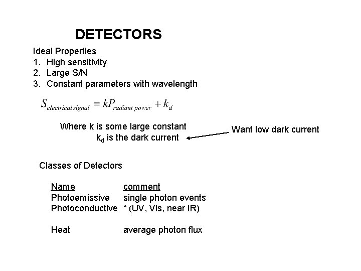 DETECTORS Ideal Properties 1. High sensitivity 2. Large S/N 3. Constant parameters with wavelength
