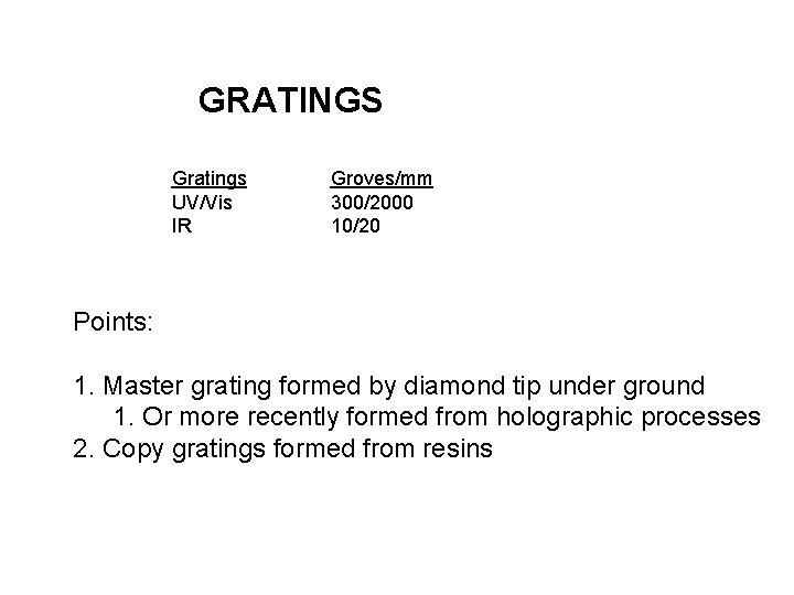 GRATINGS Gratings UV/Vis IR Groves/mm 300/2000 10/20 Points: 1. Master grating formed by diamond