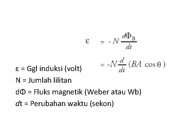 ε = Ggl induksi (volt) N = Jumlah lilitan dΦ = Fluks magnetik (Weber