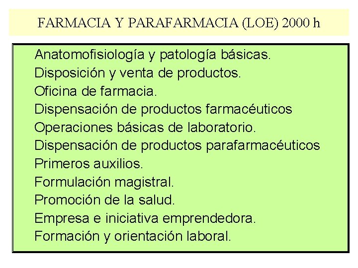 FARMACIA Y PARAFARMACIA (LOE) 2000 h Anatomofisiología y patología básicas. Disposición y venta de
