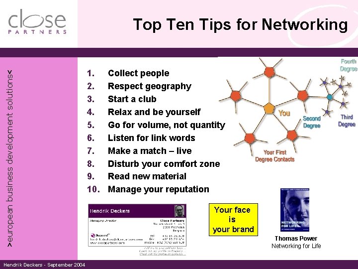 >european business development solutions< Top Ten Tips for Networking Hendrik Deckers - September 2004