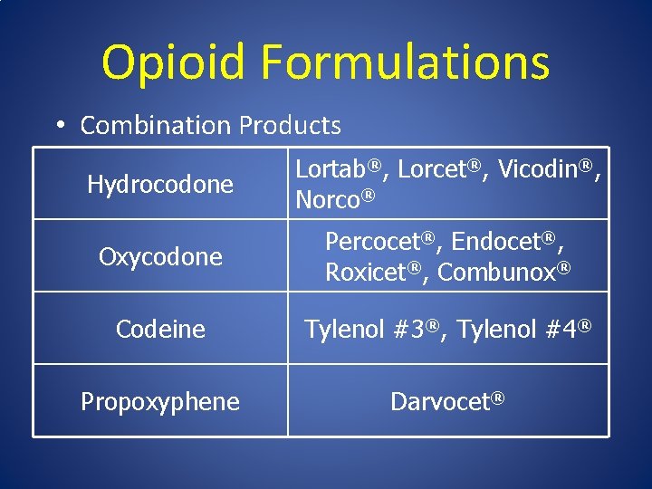 Opioid Formulations • Combination Products Hydrocodone Lortab®, Lorcet®, Vicodin®, Norco® Oxycodone Percocet®, Endocet®, Roxicet®,