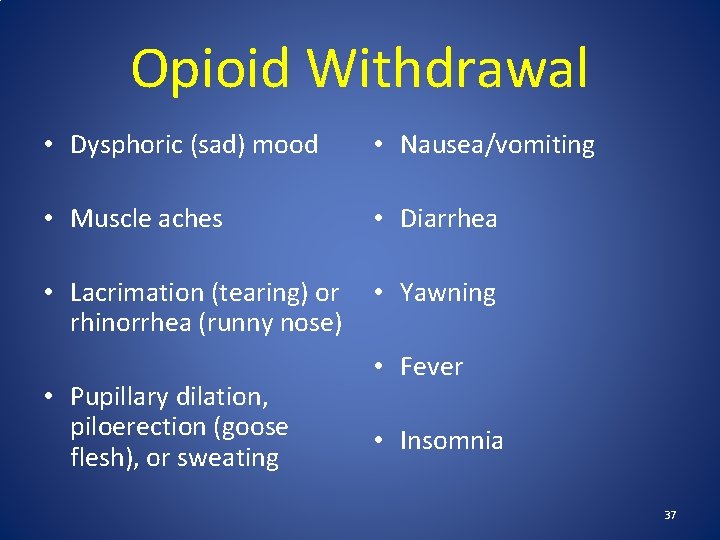 Opioid Withdrawal • Dysphoric (sad) mood • Nausea/vomiting • Muscle aches • Diarrhea •