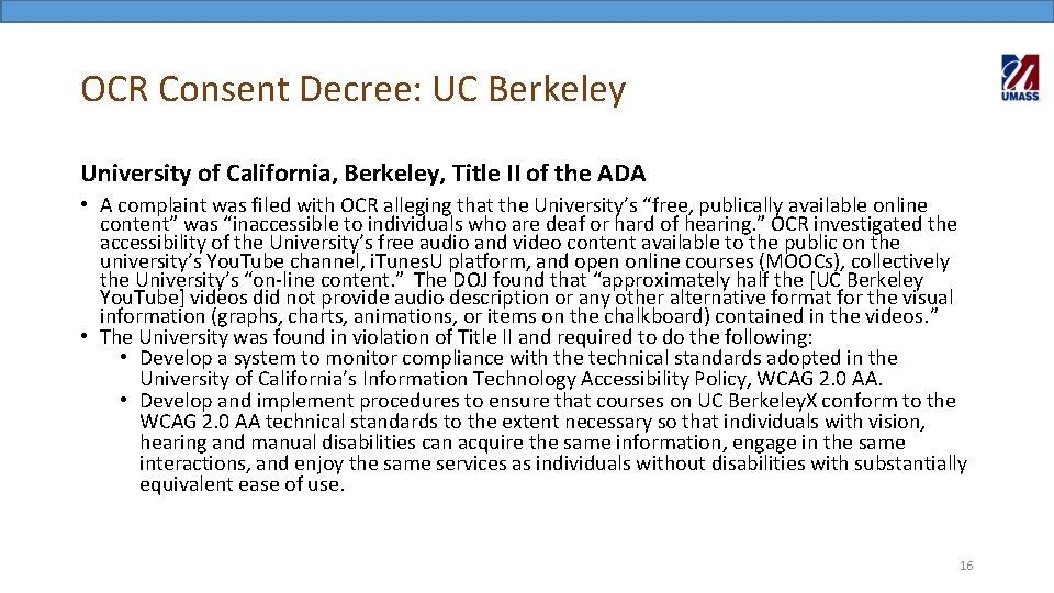 OCR Consent Decree: UC Berkeley University of California, Berkeley, Title II of the ADA