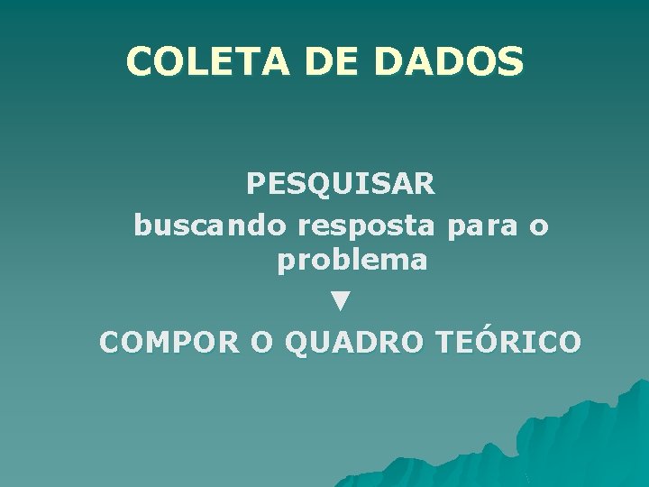 COLETA DE DADOS PESQUISAR buscando resposta para o problema ▼ COMPOR O QUADRO TEÓRICO