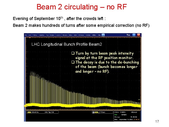Beam 2 circulating – no RF Evening of September 10 th , after the