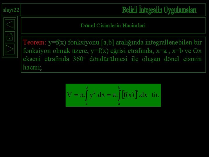 slayt 22 Dönel Cisimlerin Hacimleri Teorem: y=f(x) fonksiyonu [a, b] aralığında integrallenebilen bir fonksiyon