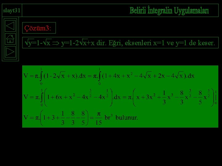 slayt 31 Çözüm 3: y=1 - x y=1 -2 x+x dir. Eğri, eksenleri x=1