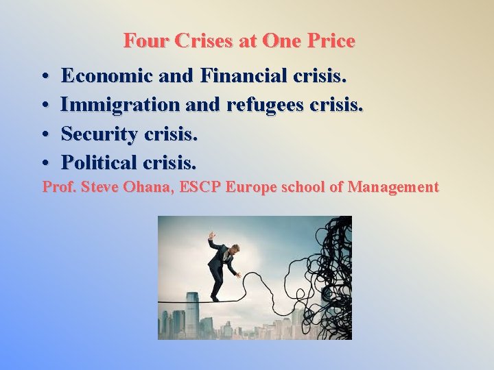 Four Crises at One Price • • Economic and Financial crisis. Immigration and refugees