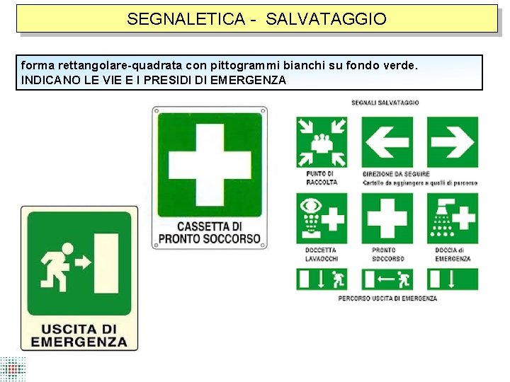SEGNALETICA - SALVATAGGIO forma rettangolare-quadrata con pittogrammi bianchi su fondo verde. INDICANO LE VIE