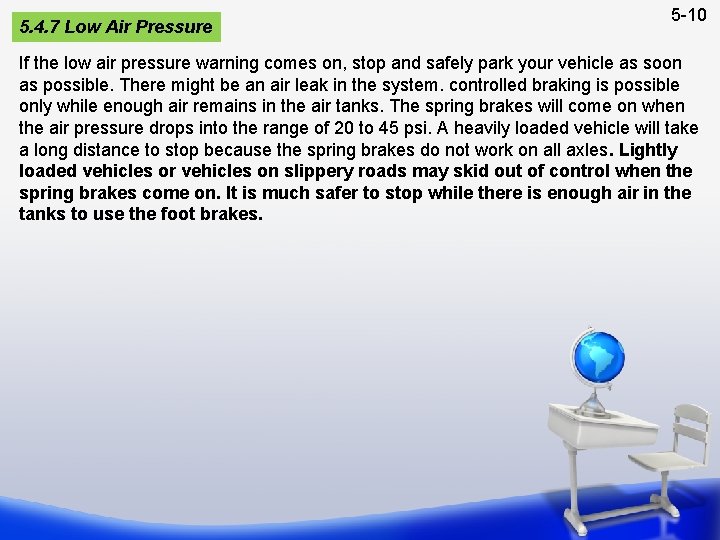 5. 4. 7 Low Air Pressure 5 -10 If the low air pressure warning