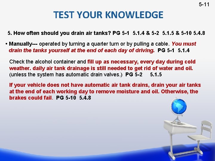 5 -11 TEST YOUR KNOWLEDGE 5. How often should you drain air tanks? PG