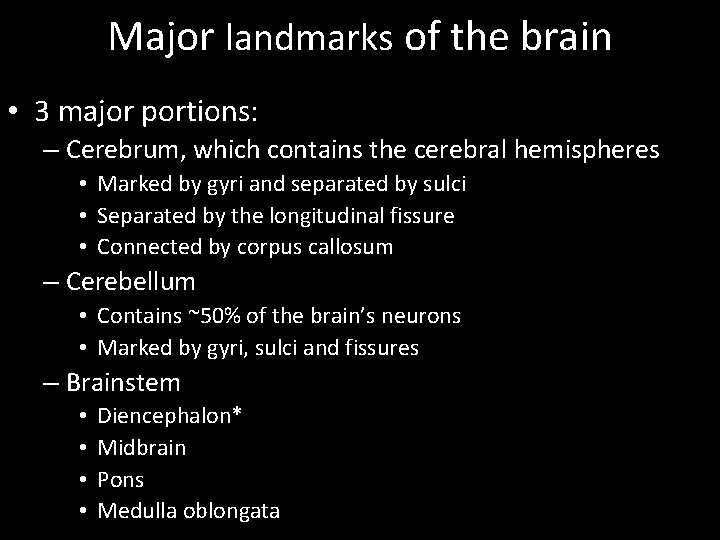 Major landmarks of the brain • 3 major portions: – Cerebrum, which contains the
