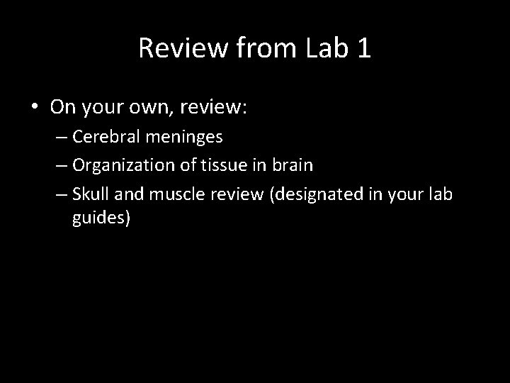 Review from Lab 1 • On your own, review: – Cerebral meninges – Organization