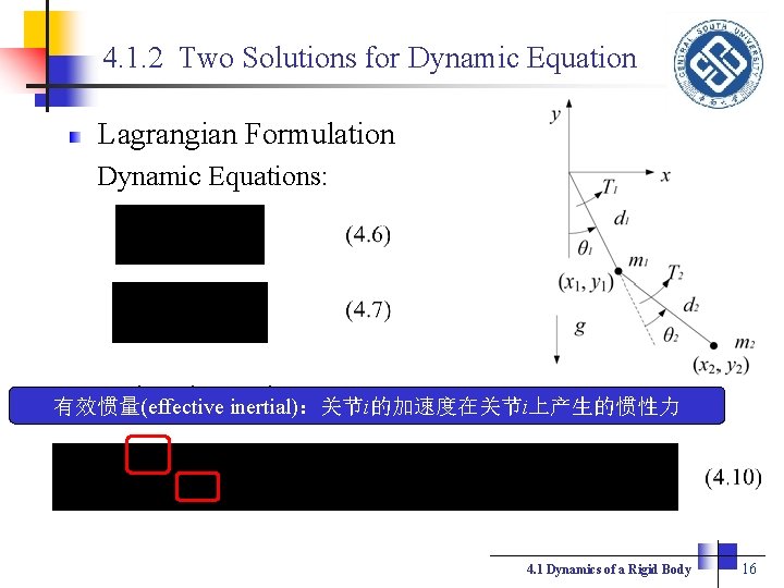 4. 1. 2 Two Solutions for Dynamic Equation Lagrangian Formulation Dynamic Equations: Written in