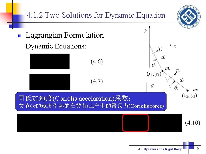 4. 1. 2 Two Solutions for Dynamic Equation Lagrangian Formulation Dynamic Equations: 哥氏加速度(Coriolis accelaration)系数：