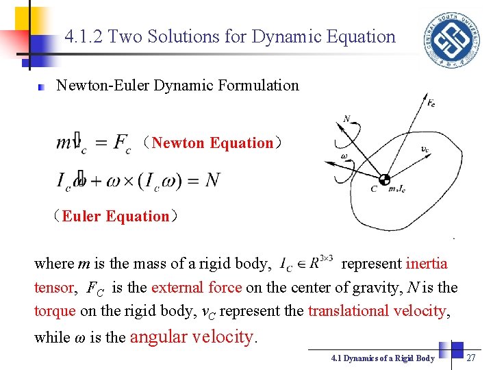 4. 1. 2 Two Solutions for Dynamic Equation Newton-Euler Dynamic Formulation （Newton Equation） （Euler