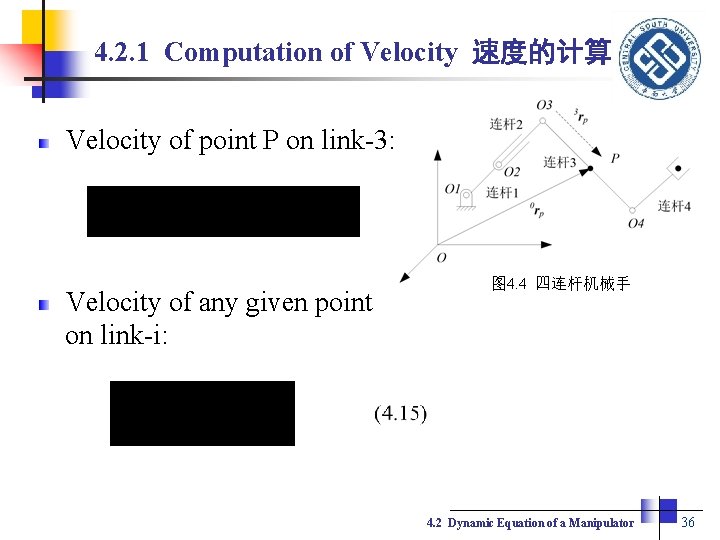 4. 2. 1 Computation of Velocity 速度的计算 Velocity of point P on link-3: Velocity